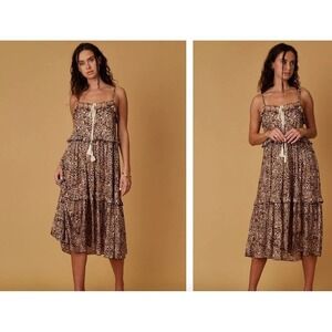 Scandal Italy Persephone Leopard Print Tiered Midi Dress L Luxury Boho Festival